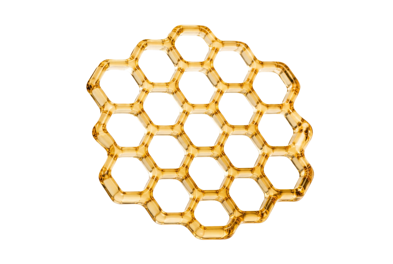 Translucent amber glass honeycomb lattice, the HoneyBee Labs mark